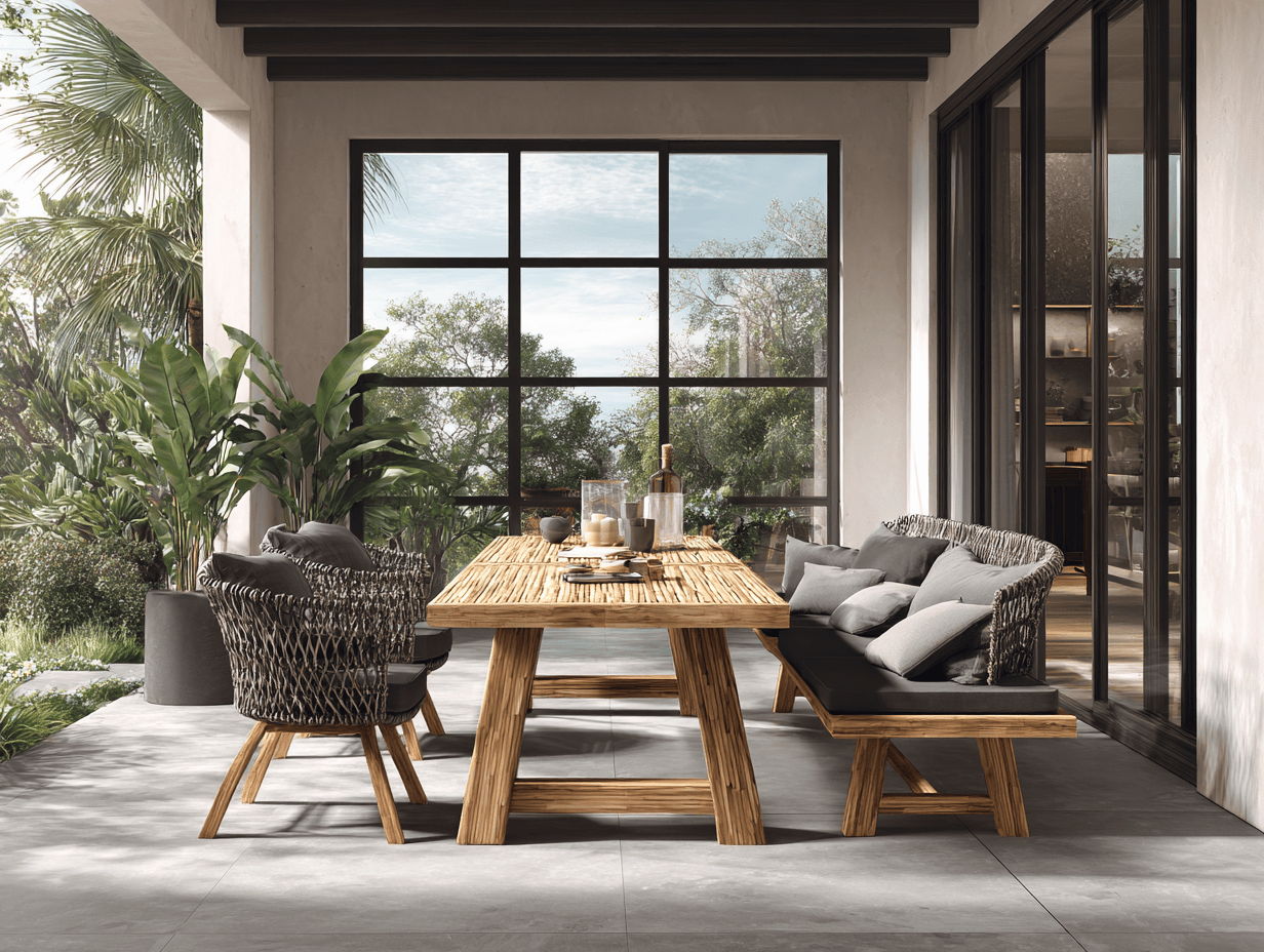 Set da pranzo da giardino con 1 tavolo rettangolare, 2 sedie e 1 panca in legno e corda intrecciata 200x90x76 cm