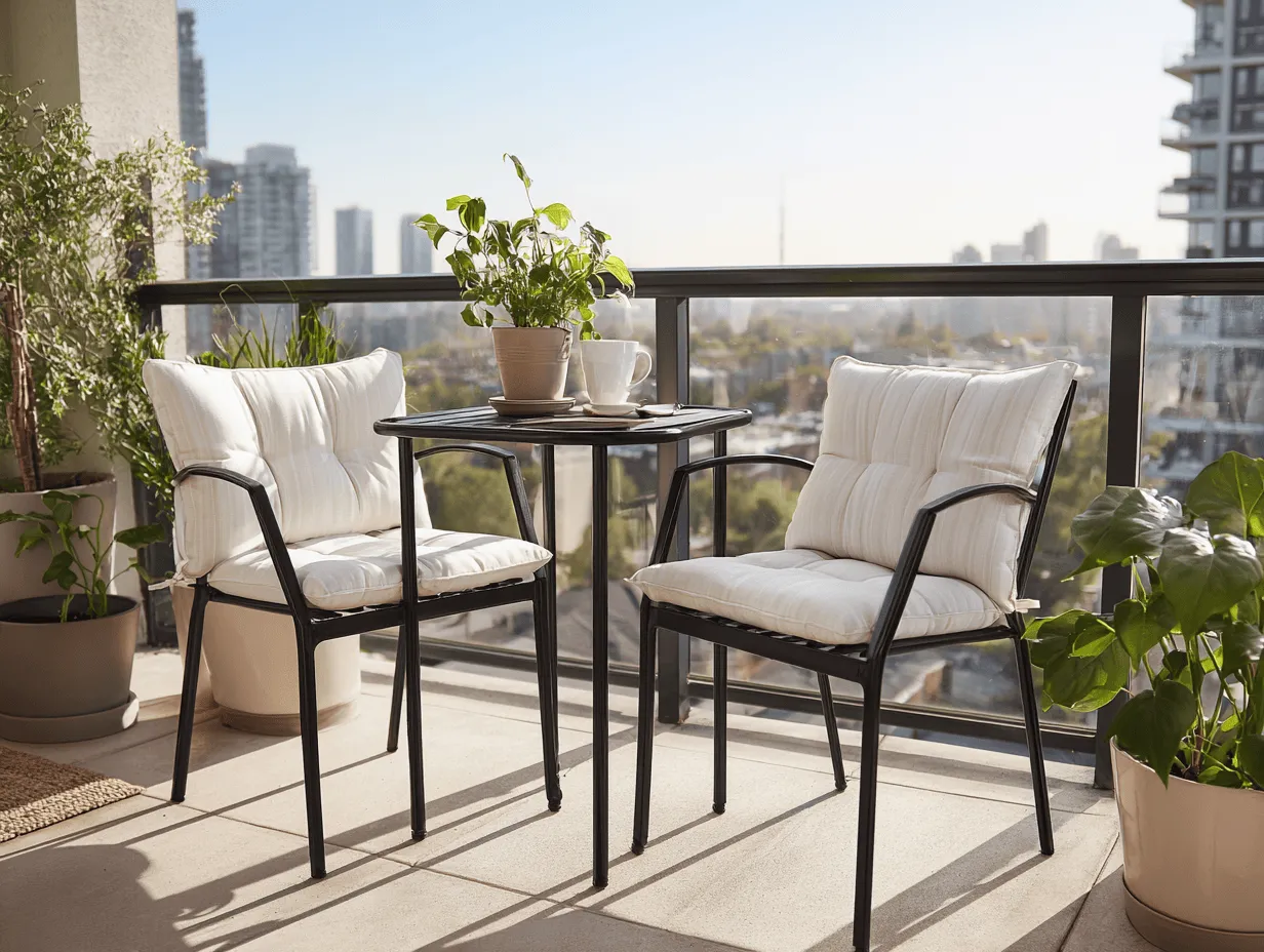 Set da giardino con 2 sedie con cuscini bianchi e 1 tavolo quadrato in metallo 60x60x70 cm