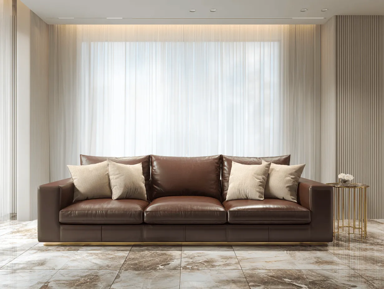 Divano tre posti in pelle marrone 220x90x85 cm - linee moderne - cuscini inclusi - stile elegante contemporaneo