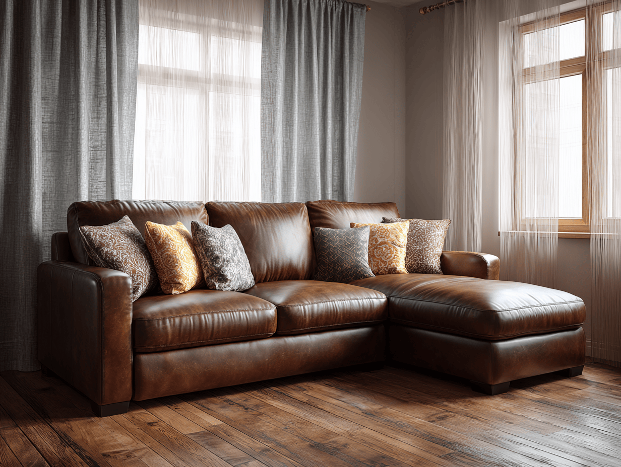 Divano angolare in pelle marrone con chaise longue - cuscini decorativi inclusi - 300x180x90 cm