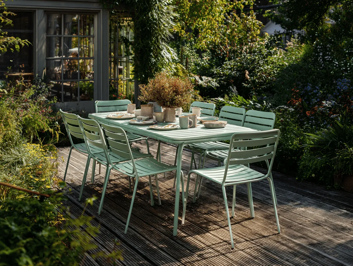 Set da pranzo da giardino 9 pezzi - tavolo rettangolare 200x95x75 cm con 8 sedie - metallo verde chiaro - stile moderno funzionale-Dwellingra