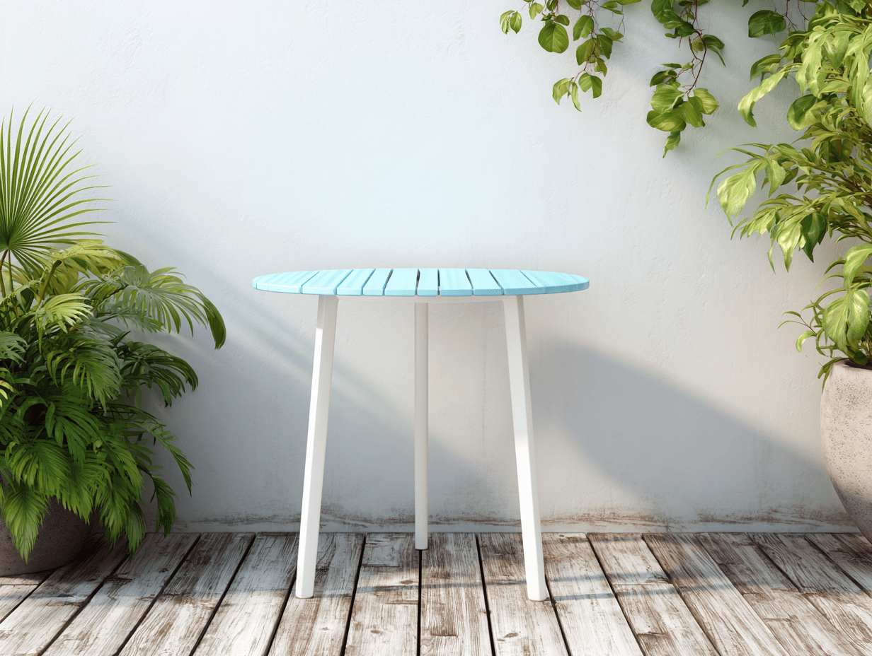Tavolo da giardino rotondo 88x88x74 cm - piano in legno composito azzurro - gambe in metallo bianco - stile moderno