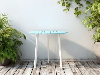 Tavolo da giardino rotondo 88x88x74 cm - piano in legno composito azzurro - gambe in metallo bianco - stile moderno