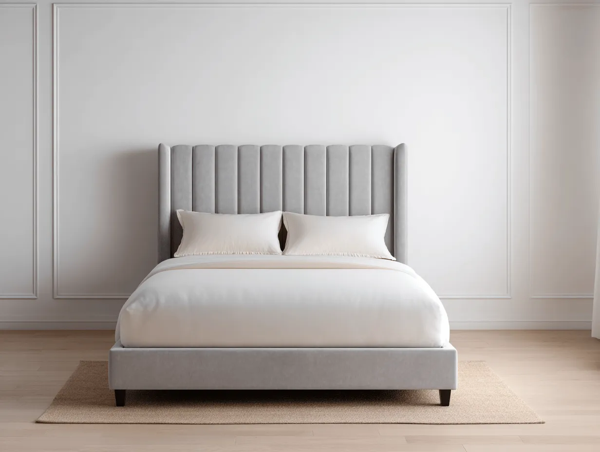 Letto matrimoniale in velluto grigio chiaro 165x210x120 cm - testiera imbottita con cuciture verticali - stile moderno elegante