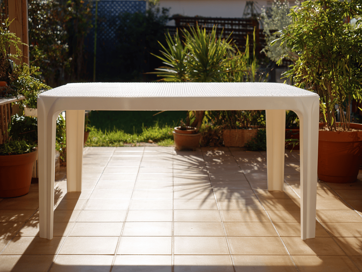 Tavolo da pranzo da esterno in plastica bianca con effetto rattan, rettangolare 150 x 90 x 75 cm - resistente e leggero.-Dwellingra