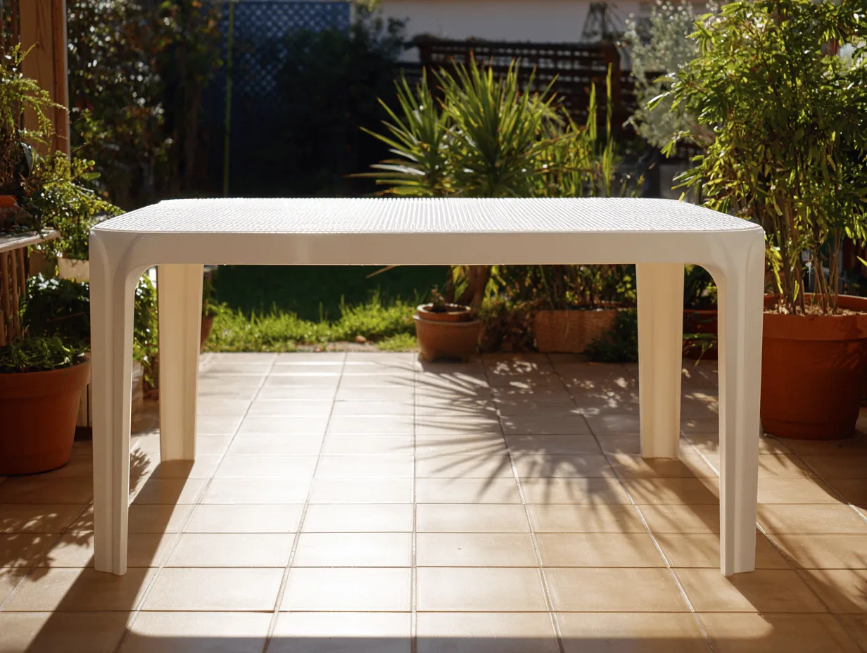 Tavolo da pranzo da esterno in plastica bianca con effetto rattan, rettangolare 150 x 90 x 75 cm - resistente e leggero.-Dwellingra