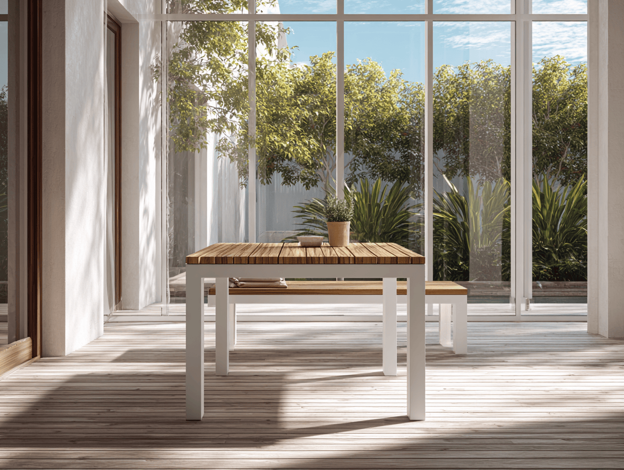 Set da pranzo da giardino con 1 tavolo rettangolare e 1 panca in legno e metallo 150x90x75 cm