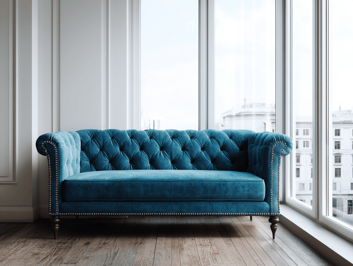 Divano elegante in velluto blu - braccioli con borchie decorative - gambe in legno intagliato - 210x95x85 cm