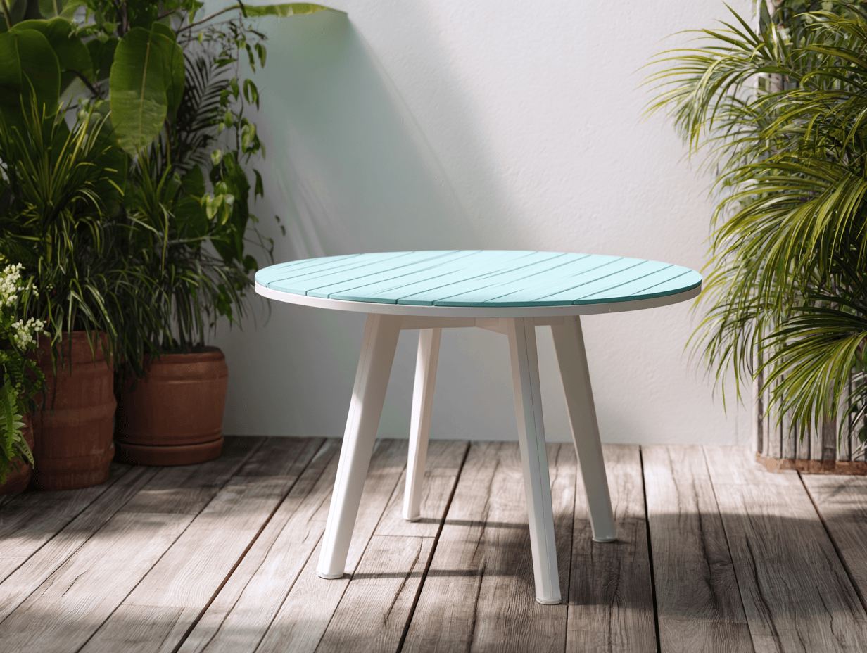 Tavolo da giardino rotondo 100x100x75 cm - piano in legno composito azzurro - gambe in metallo bianco - stile moderno-Dwellingra