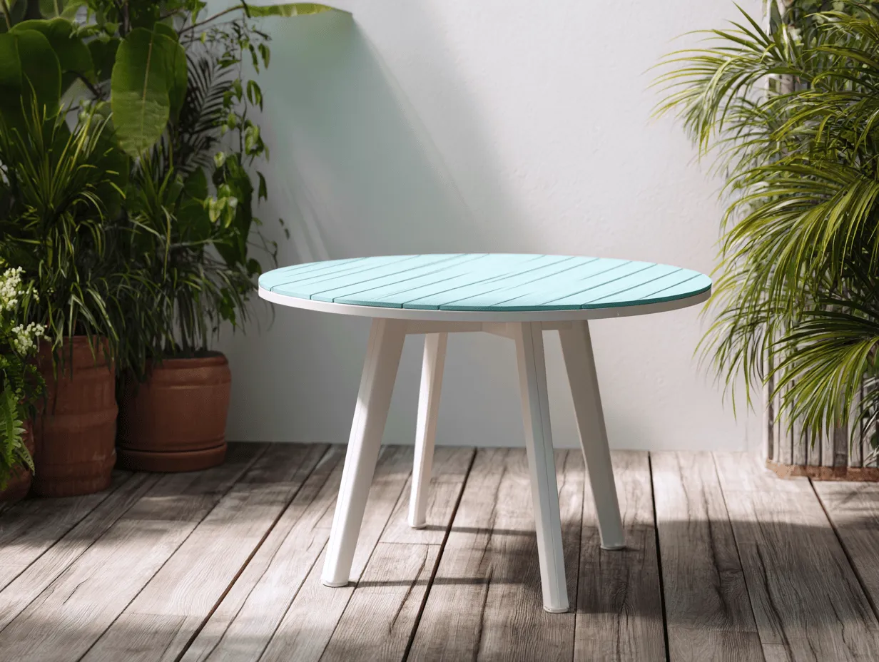 Tavolo da giardino rotondo 100x100x75 cm - piano in legno composito azzurro - gambe in metallo bianco - stile moderno-Dwellingra