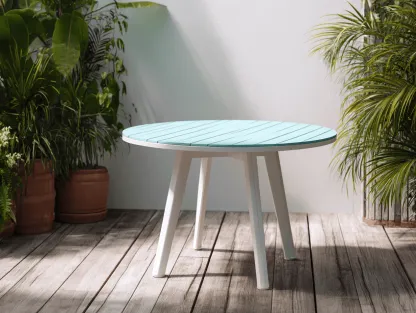 Tavolo da giardino rotondo 100x100x75 cm - piano in legno composito azzurro - gambe in metallo bianco - stile moderno-Dwellingra