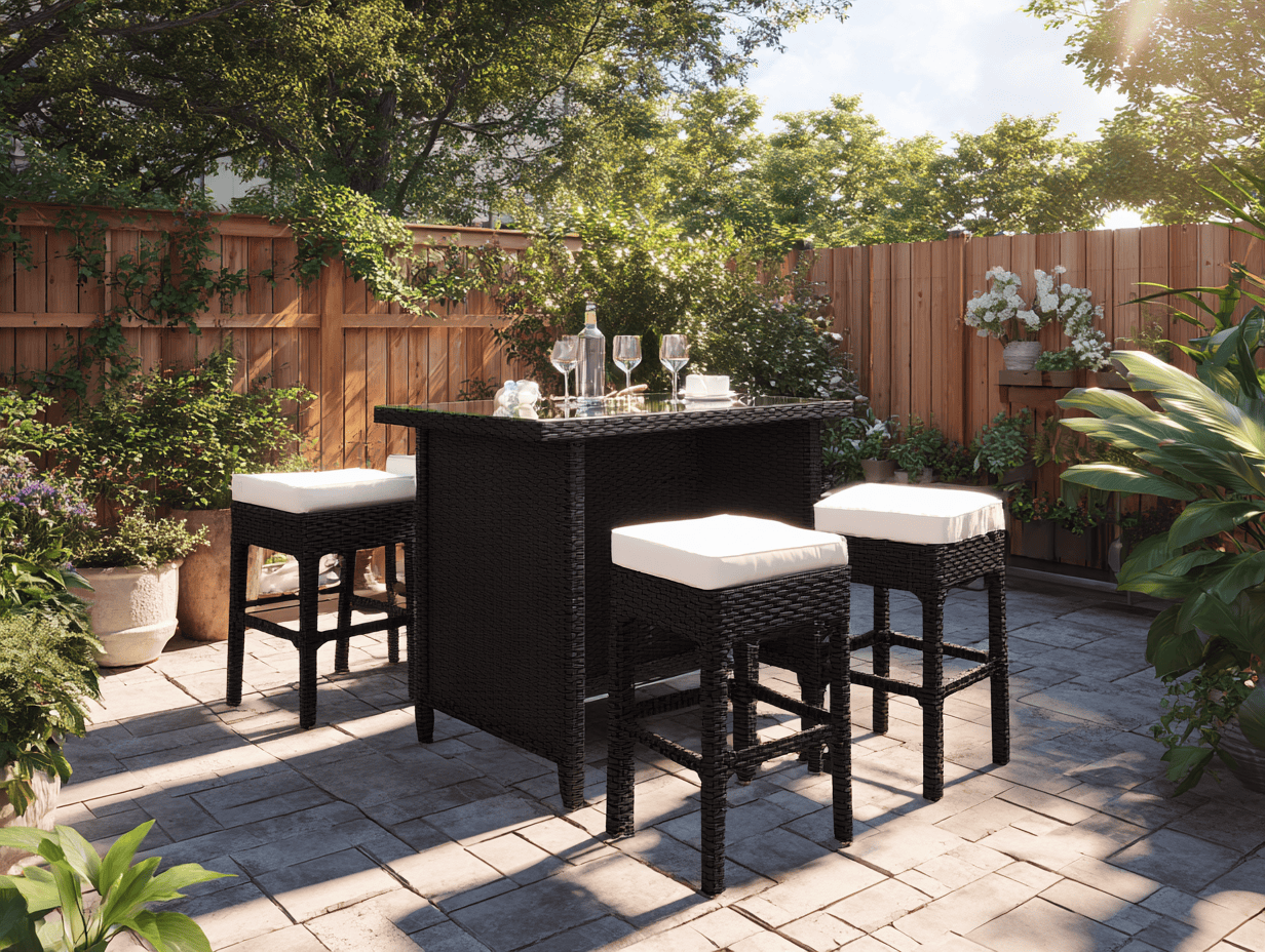 Set bar da esterno 5 pezzi - Rattan sintetico Nero con cuscini Bianchi - Tavolo alto 120x60x105 cm con 4 sgabelli 40x40x75 cm-Dwellingra