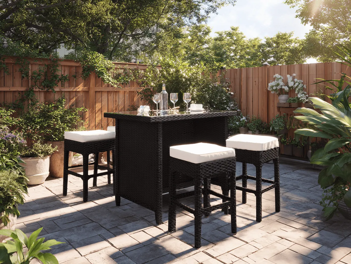 Set bar da esterno 5 pezzi - Rattan sintetico Nero con cuscini Bianchi - Tavolo alto 120x60x105 cm con 4 sgabelli 40x40x75 cm-Dwellingra