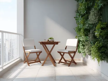 Set da pranzo da giardino con 1 tavolo rotondo e 2 sedie pieghevoli in legno con cuscini diametro60x72 cm