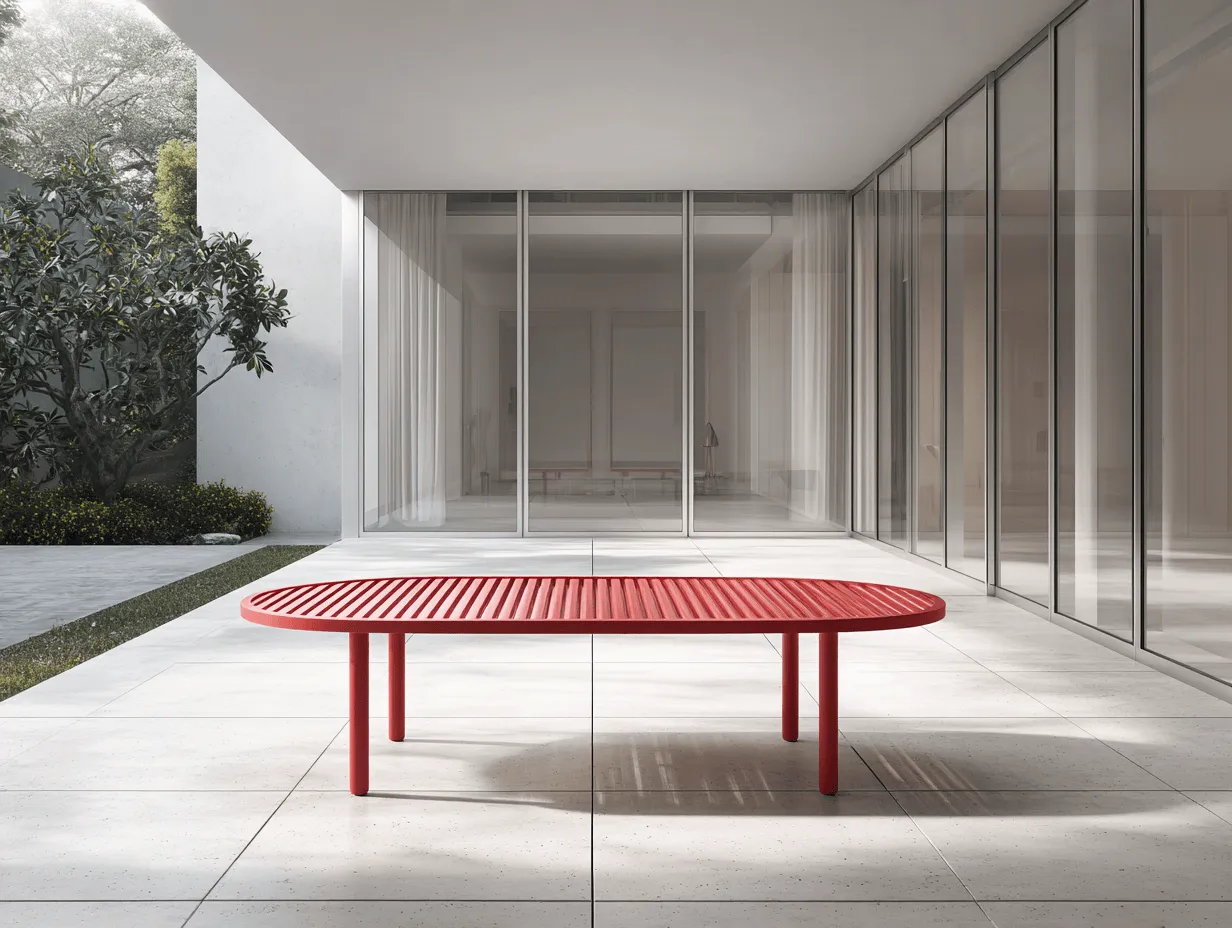 Tavolo ovale da esterno 200x95x74 cm - alluminio rosso - piano a doghe - stile Fukasawa minimalista