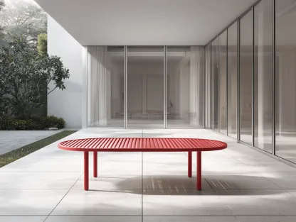 Tavolo ovale da esterno 200x95x74 cm - alluminio rosso - piano a doghe - stile Fukasawa minimalista