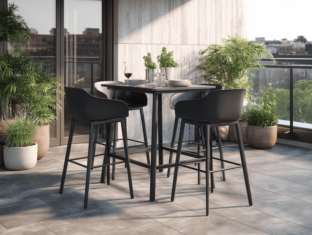 Set bar da giardino 5 pezzi - tavolo alto quadrato 90x90x105 cm in alluminio nero - 4 sgabelli con schienale - stile moderno minimalista-Dwellingra