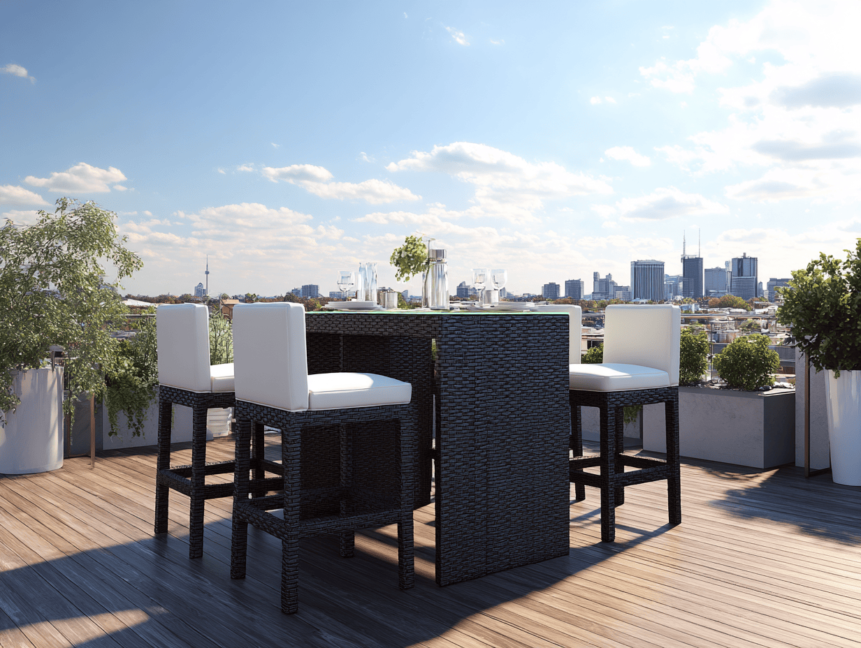 Set da pranzo da giardino con tavolo alto in rattan e 4 sgabelli con cuscini bianchi 120x70x105 cm