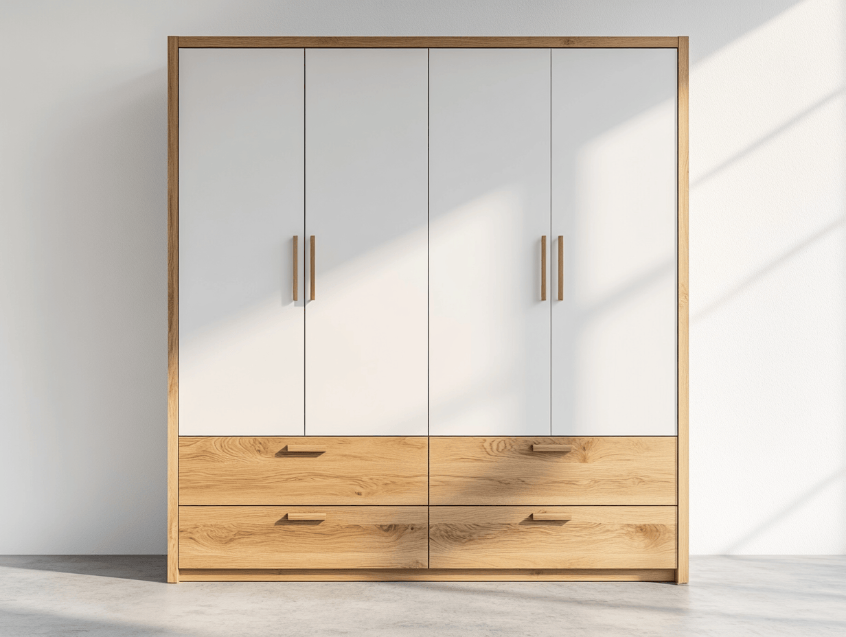 Armario 190x120x58 cm - blanco/roble - 4 puertas y 4 cajones - estilo moderno