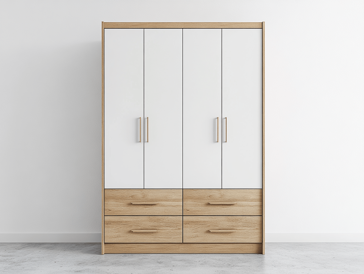 Armario 190x120x58 cm - blanco/roble - 4 puertas y 4 cajones - estilo moderno