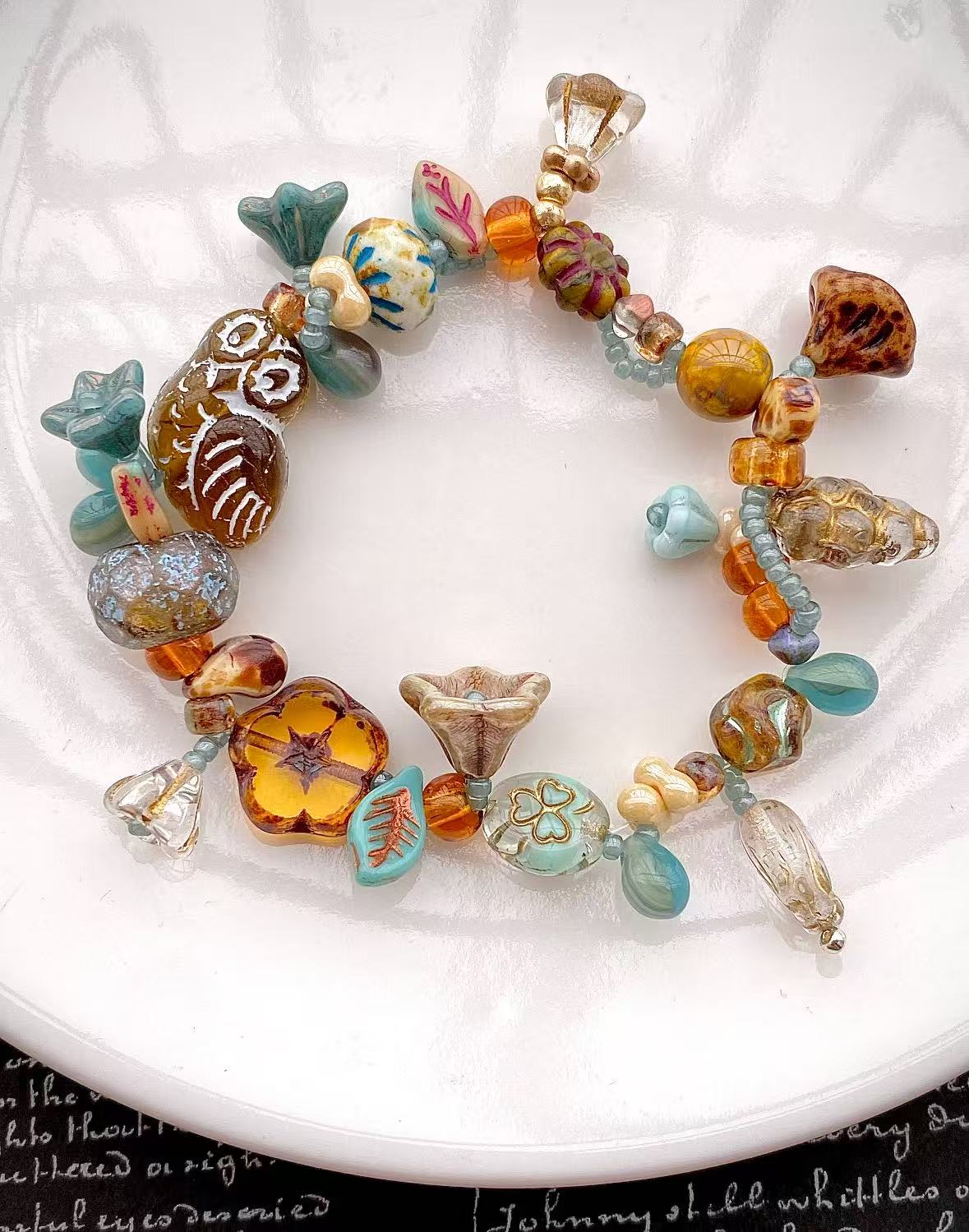 Custom handmade brown + mint bracelet