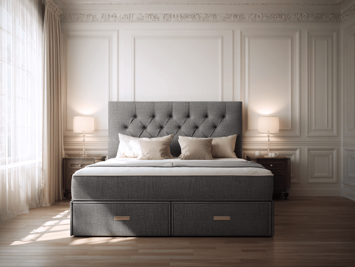Lit boxspring moderne 160x200 cm – tissu gris foncé – avec matelas et tiroirs de rangement-Nicheota