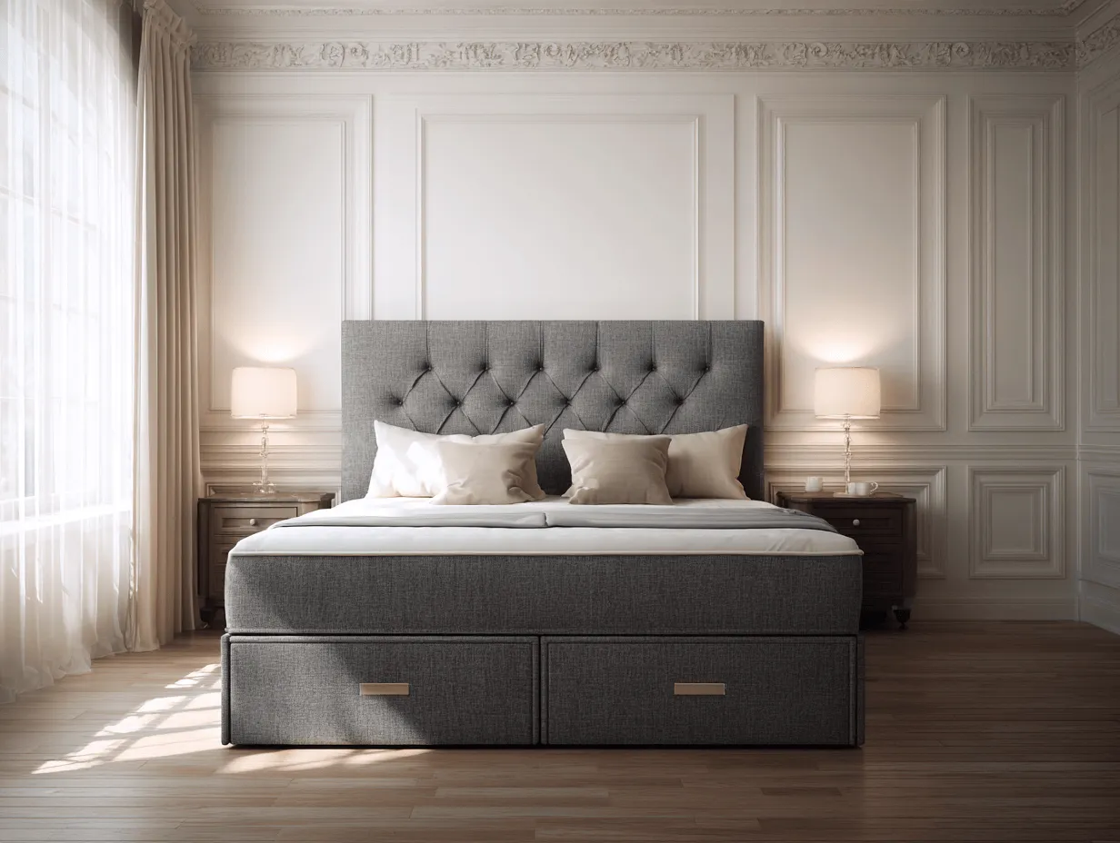 Lit boxspring moderne 160x200 cm – tissu gris foncé – avec matelas et tiroirs de rangement-Nicheota