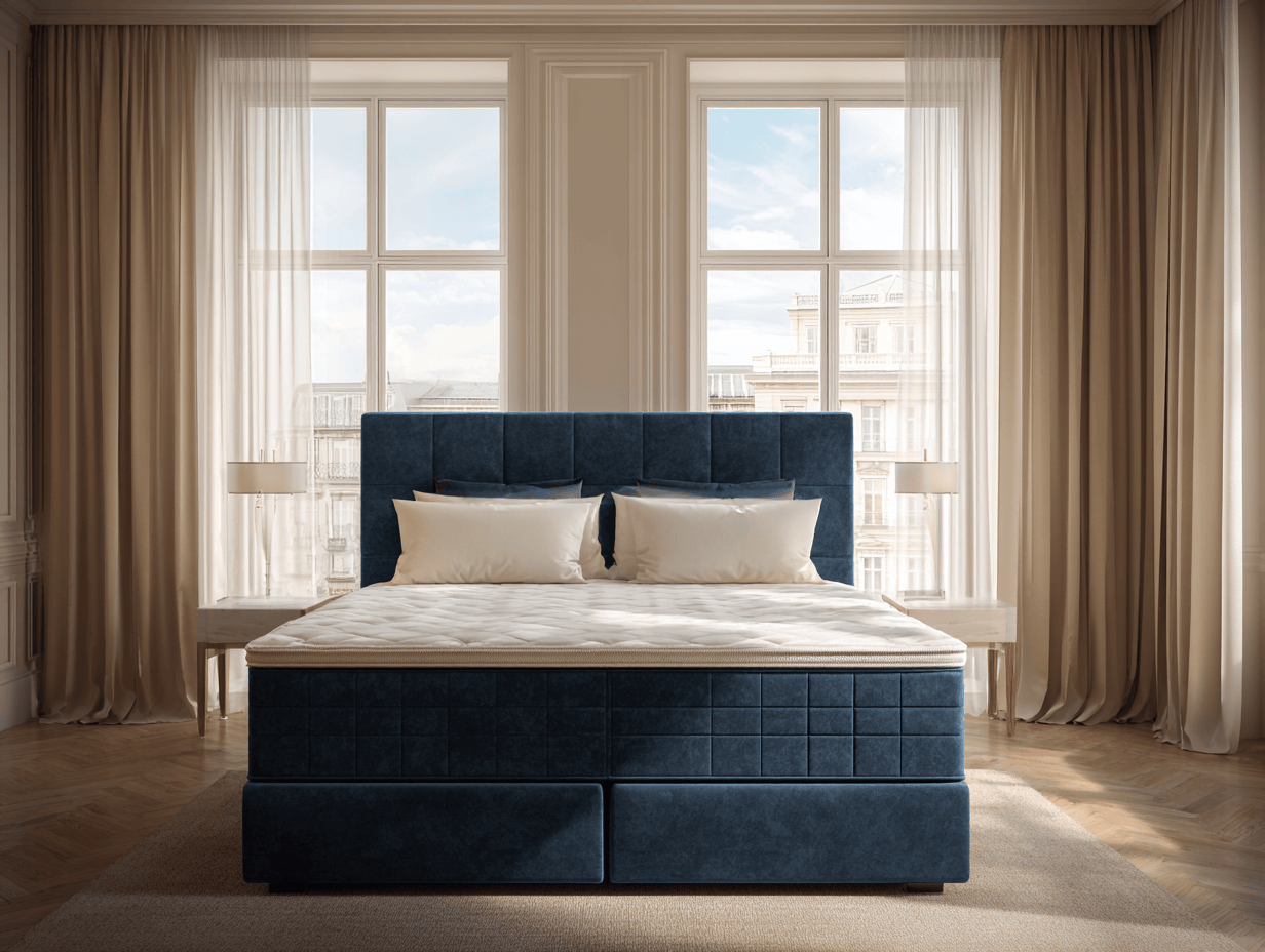 Lit à ressorts avec cadre en velours bleu et tête de lit capitonnée 160x200 cm – avec pieds en métal-Nicheota