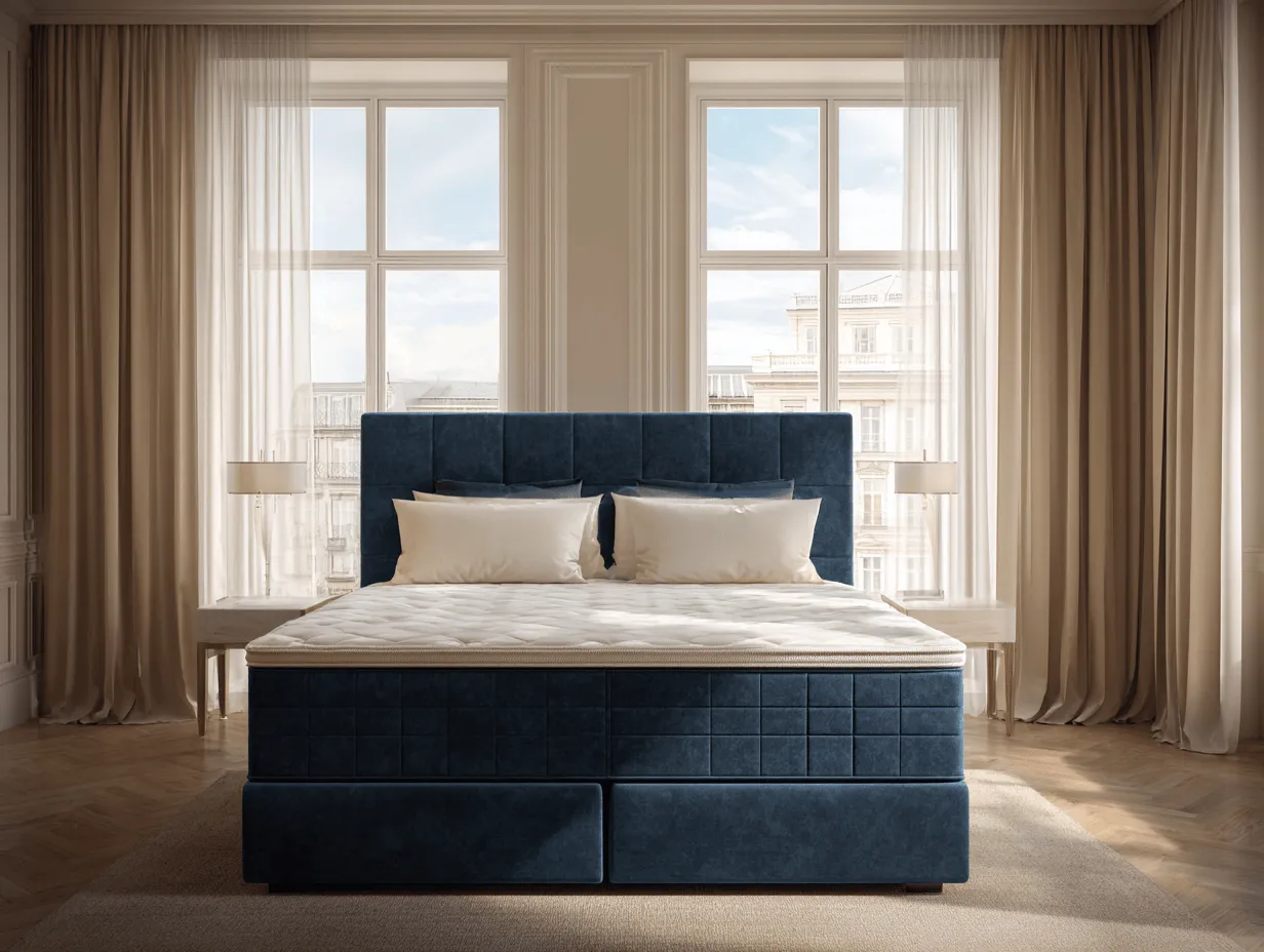 Lit à ressorts avec cadre en velours bleu et tête de lit capitonnée 160x200 cm – avec pieds en métal-Nicheota