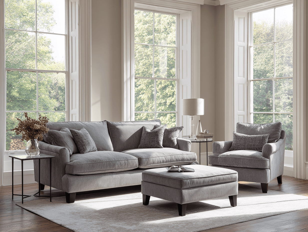 Canapé 3 places 220×95×90 cm avec fauteuil et pouf en tissu gris – style classique moderne – avec coussins décoratifs-Nicheota