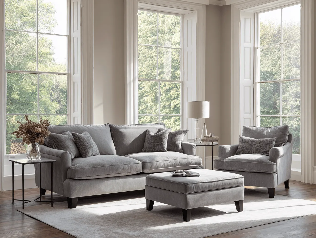 Canapé 3 places 220×95×90 cm avec fauteuil et pouf en tissu gris – style classique moderne – avec coussins décoratifs-Nicheota