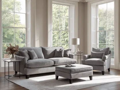 Canapé 3 places 220×95×90 cm avec fauteuil et pouf en tissu gris – style classique moderne – avec coussins décoratifs-Nicheota