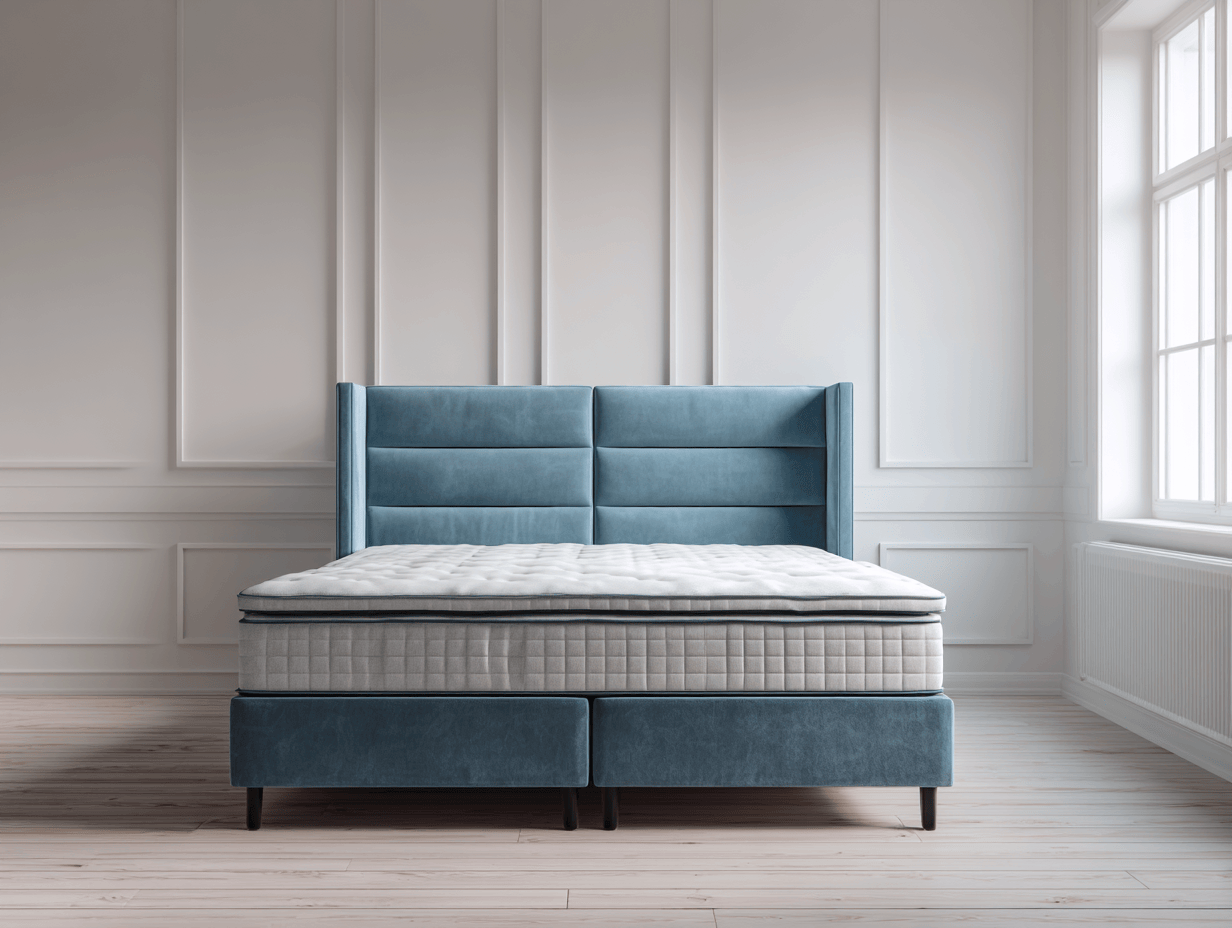 Lit à ressorts avec cadre en tissu bleu et tête de lit capitonnée 160x200 cm – design élégant avec pieds noirs-Nicheota