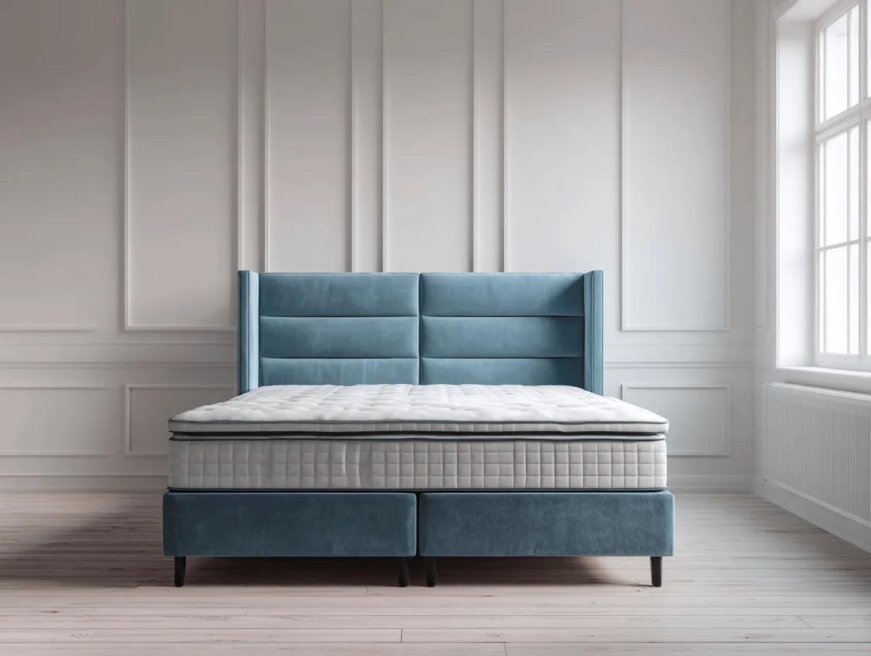 Lit à ressorts avec cadre en tissu bleu et tête de lit capitonnée 160x200 cm – design élégant avec pieds noirs-Nicheota