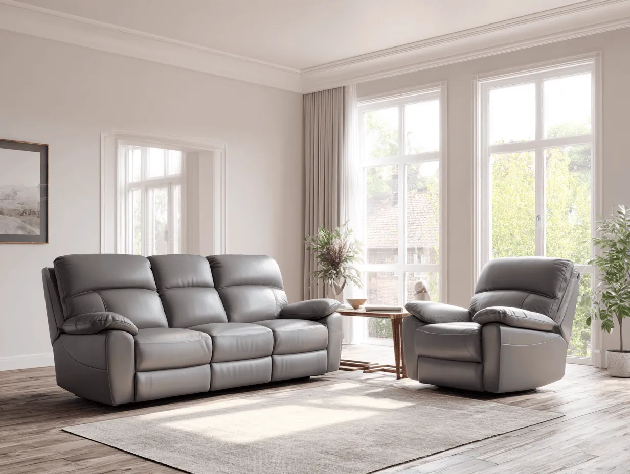 Canapé 3 places en cuir gris avec fauteuil inclinable – design moderne avec pieds en bois-Nicheota