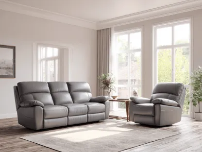 Canapé 3 places en cuir gris avec fauteuil inclinable – design moderne avec pieds en bois-Nicheota