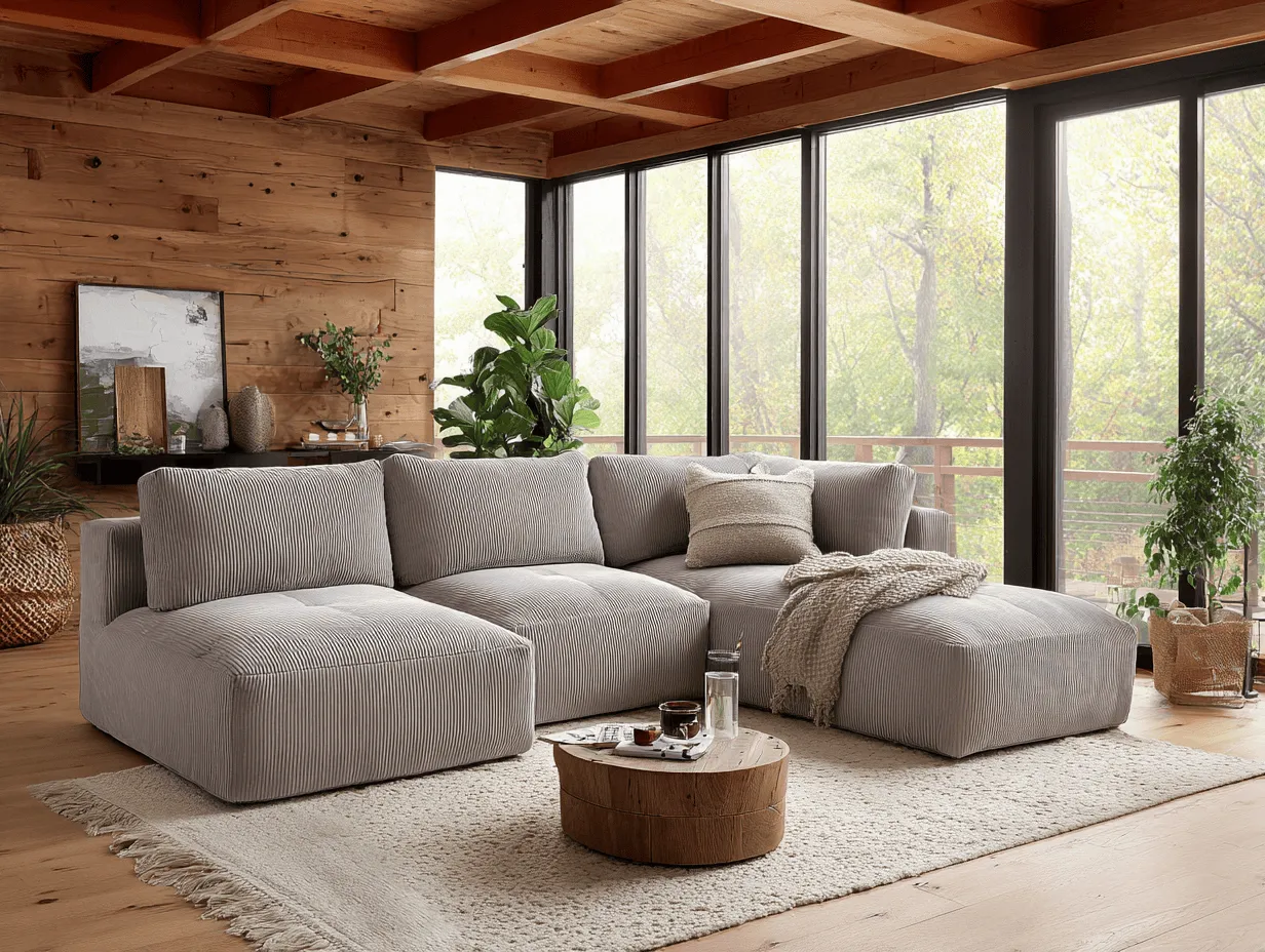 Canapé d'angle tissu côtelé 300×200 cm – gris clair – avec méridienne et coussins-Nicheota