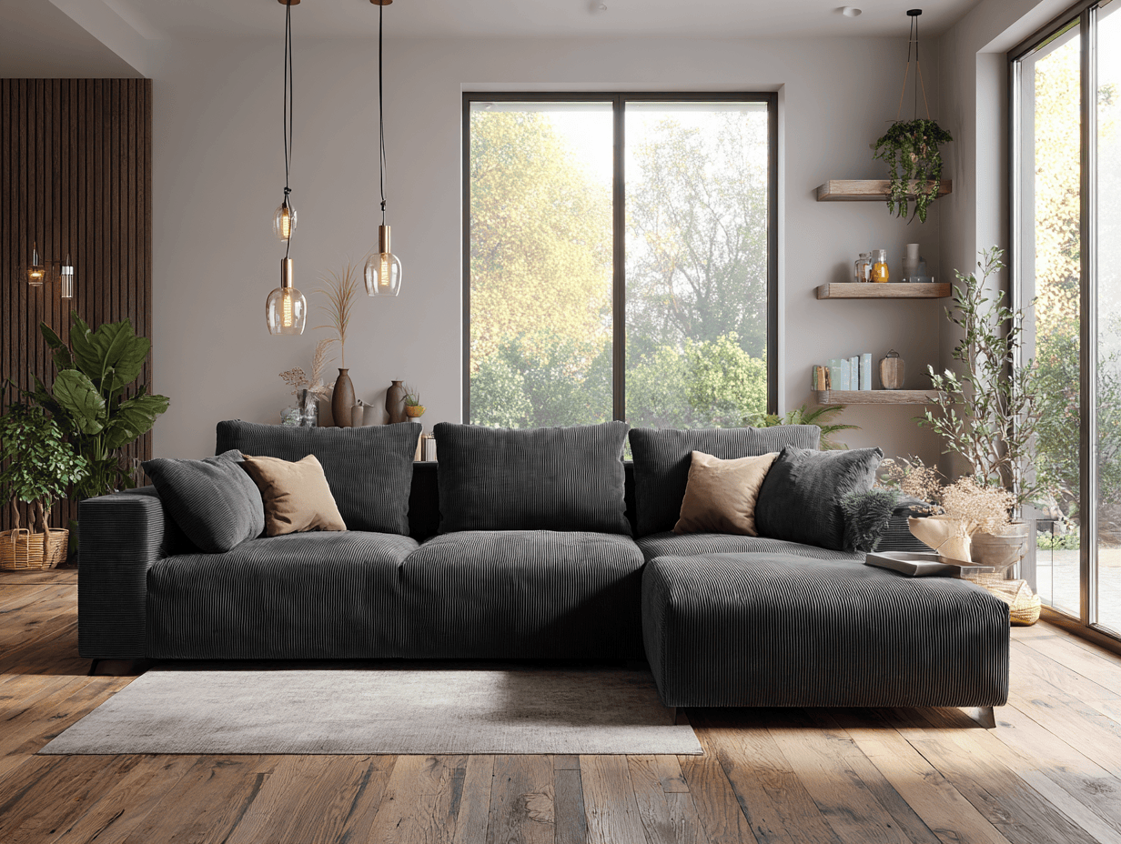 Canapé d'angle tissu côtelé 290×200 cm – gris anthracite – avec méridienne et coussins-Nicheota