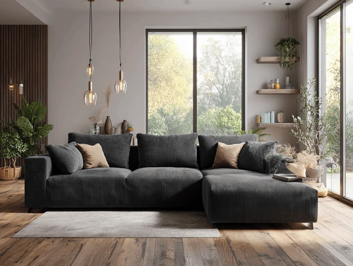 Canapé d'angle tissu côtelé 290×200 cm – gris anthracite – avec méridienne et coussins-Nicheota