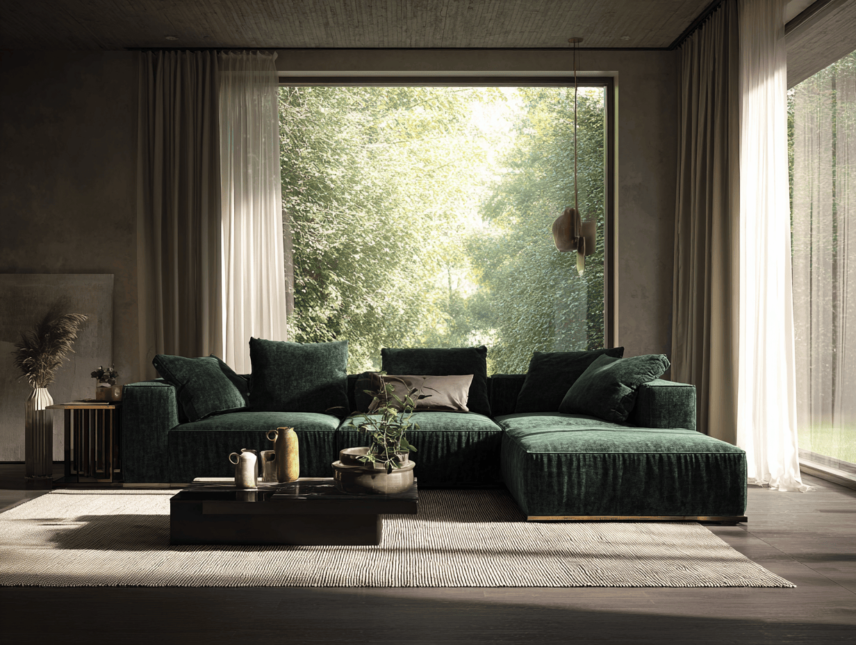 Canapé d'angle modulable en tissu 310×195×92 cm – vert foncé – avec méridienne et coussins inclus-Nicheota