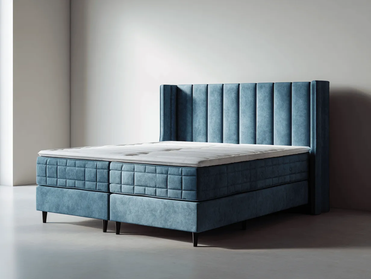 Lit à ressorts avec cadre en tissu bleu et tête de lit capitonnée 160x200 cm – design élégant avec ailes douces-Nicheota