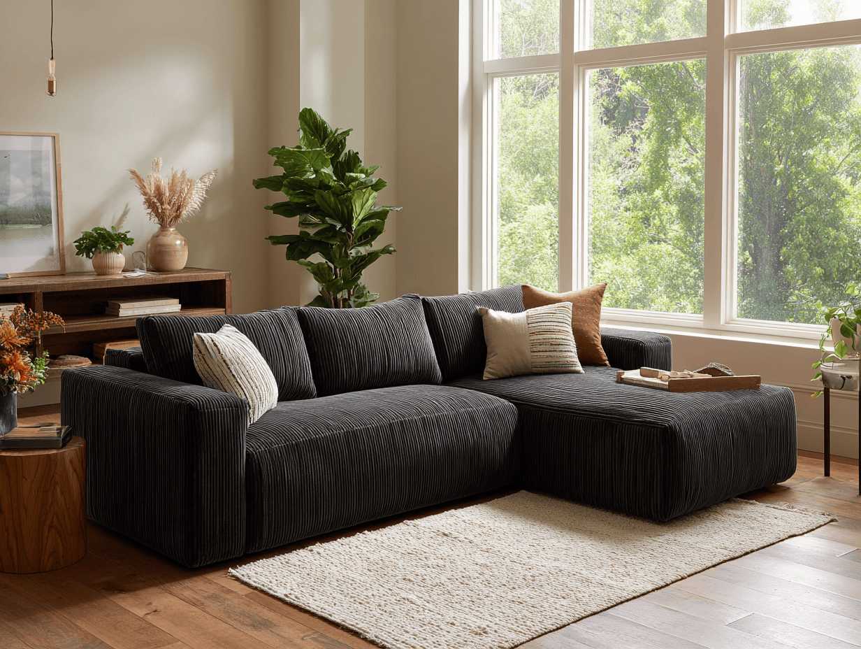 Canapé d'angle tissu côtelé 270×190 cm – gris foncé – avec méridienne et coussins-Nicheota