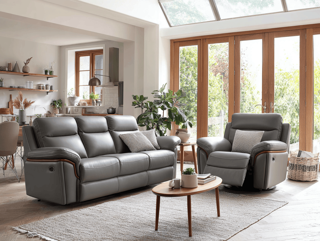 Canapé 3 places en cuir gris avec fauteuil inclinable – design moderne avec accoudoirs en bois – avec coussins décoratifs-Nicheota