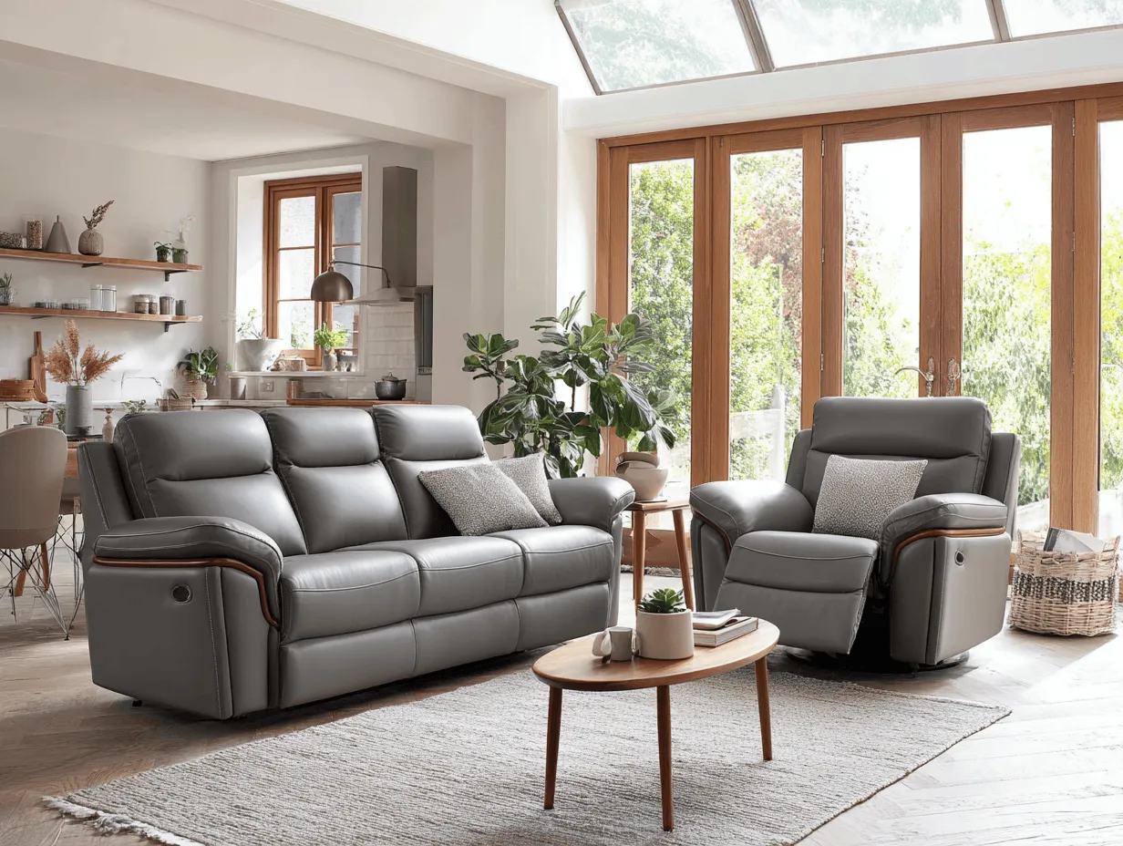 Canapé 3 places en cuir gris avec fauteuil inclinable – design moderne avec accoudoirs en bois – avec coussins décoratifs-Nicheota