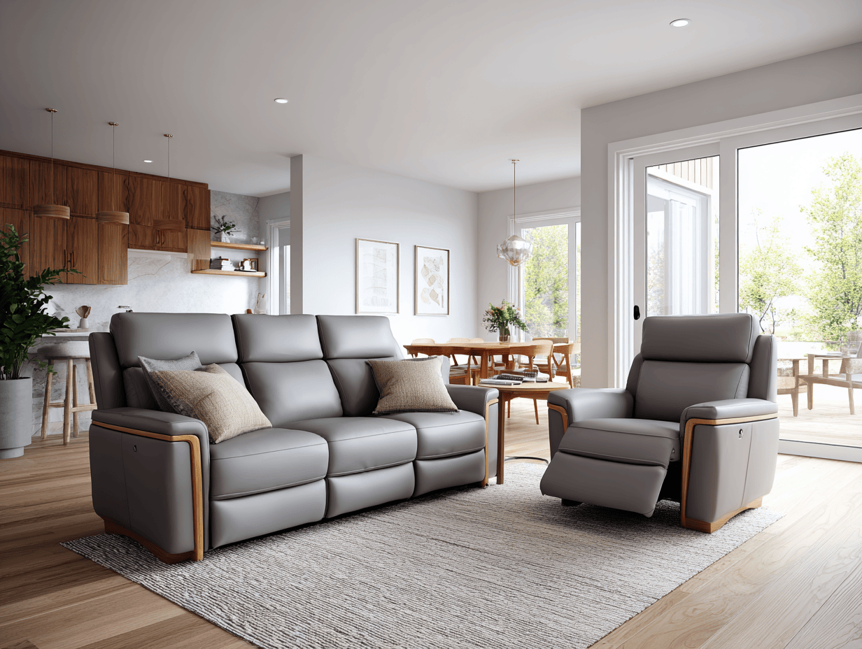 Canapé 3 places en cuir gris avec fauteuil inclinable – design moderne avec accoudoirs en bois – avec coussins décoratifs-Nicheota