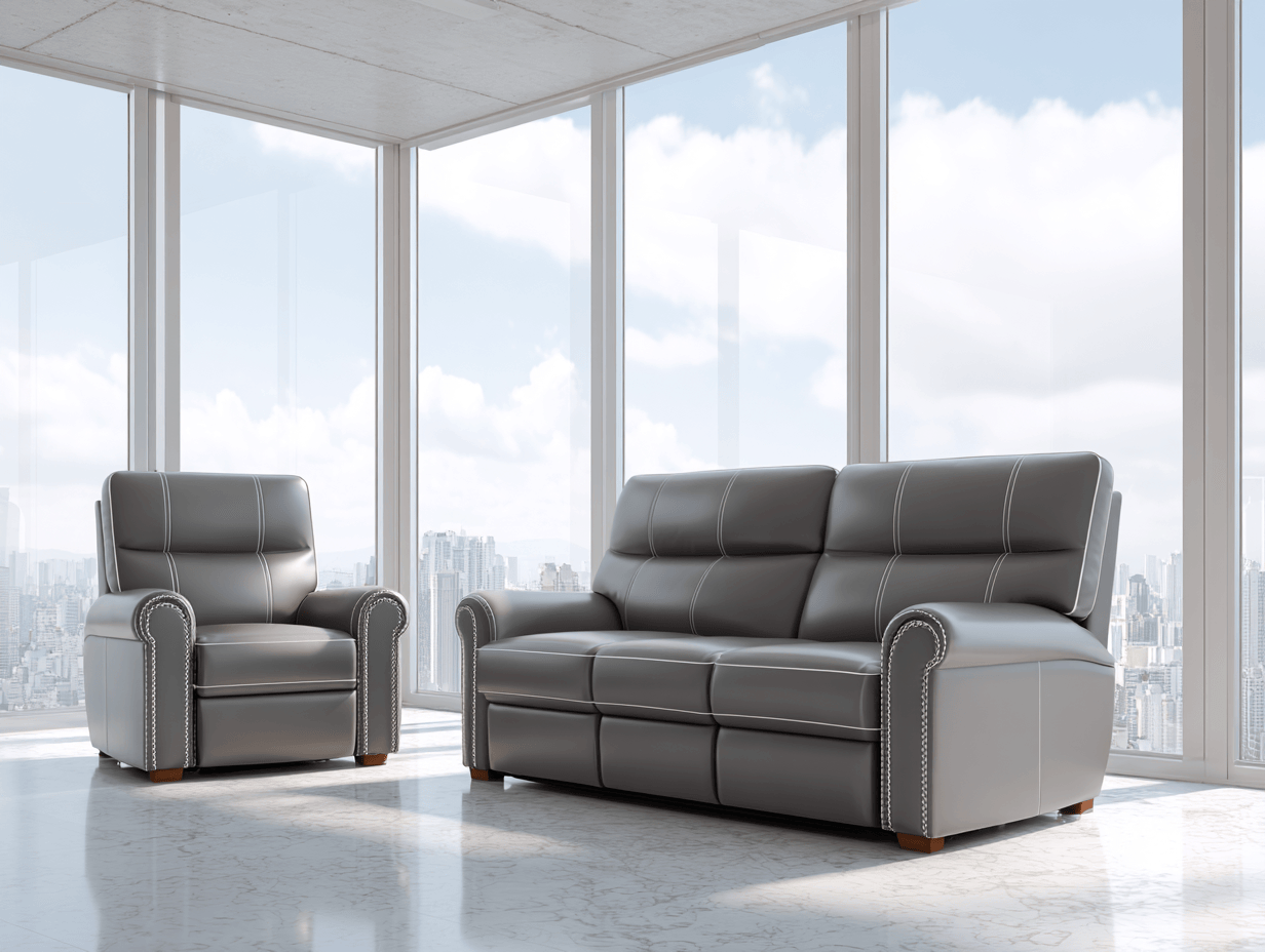 Canapé 3 places en cuir gris avec fauteuil assorti – design moderne avec surpiqûres blanches-Nicheota