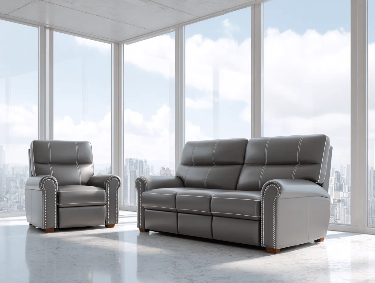 Canapé 3 places en cuir gris avec fauteuil assorti – design moderne avec surpiqûres blanches-Nicheota