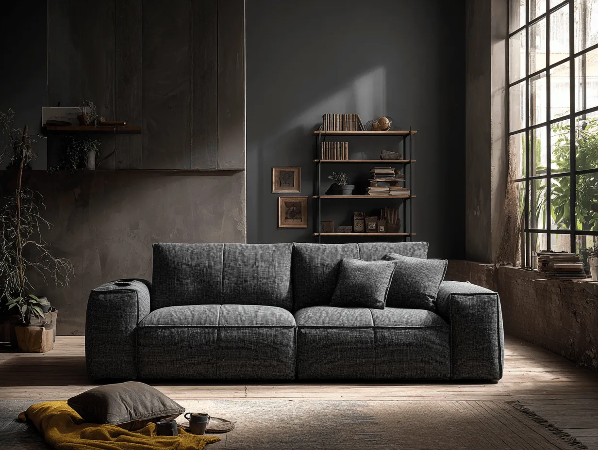 Canapé 3 places en tissu gris anthracite 245×100×85 cm – style moderne – avec accoudoir fonctionnel et coussins décoratifs-Nicheota