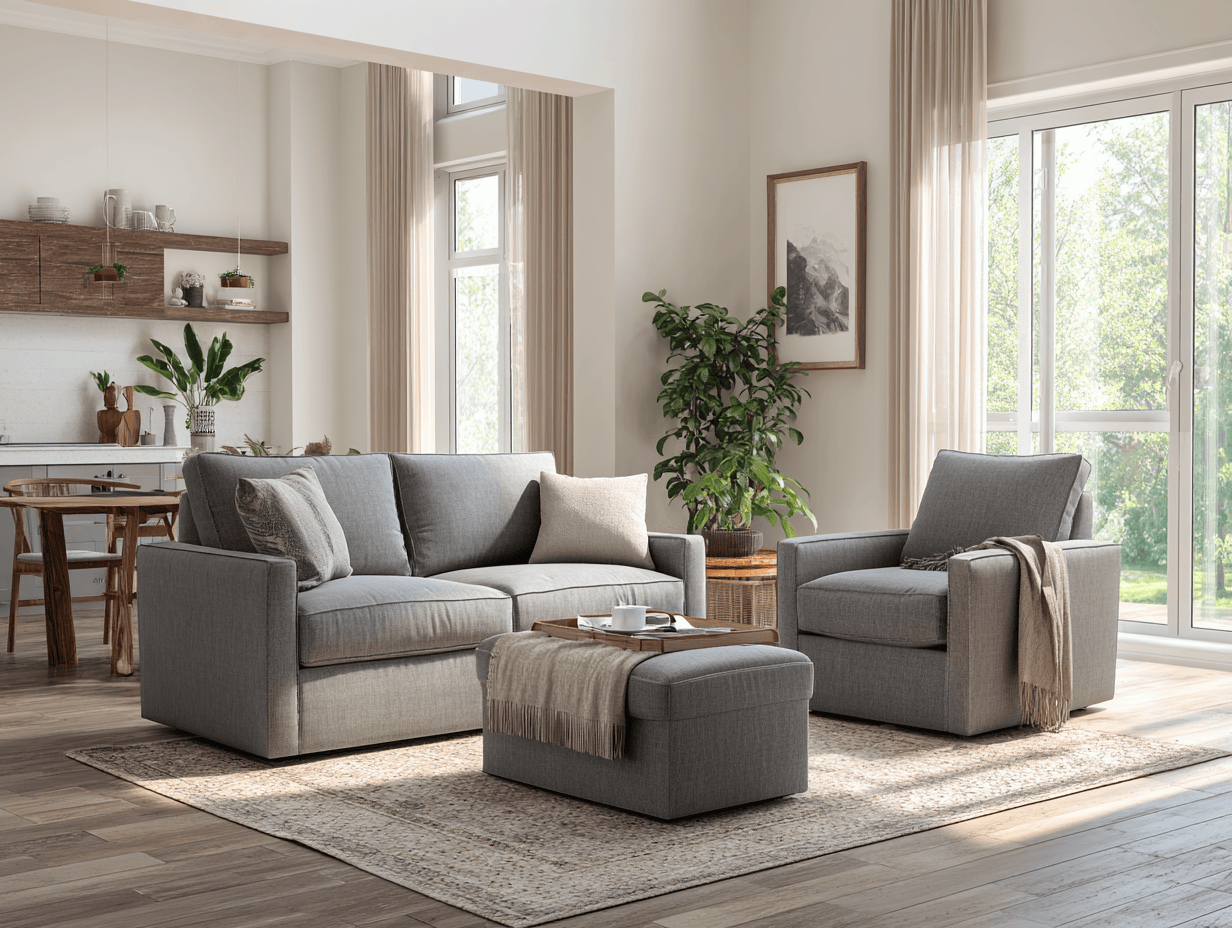 Canapé 2 places 170×90×85 cm avec fauteuil et pouf en tissu gris – style moderne – avec coussins décoratifs-Nicheota