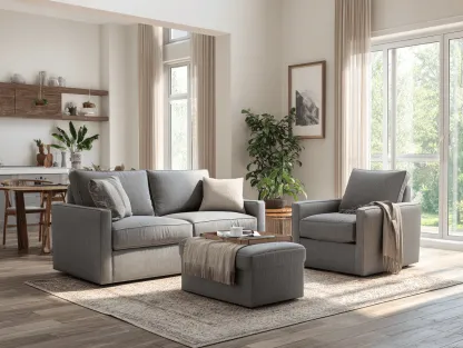 Canapé 2 places 170×90×85 cm avec fauteuil et pouf en tissu gris – style moderne – avec coussins décoratifs-Nicheota